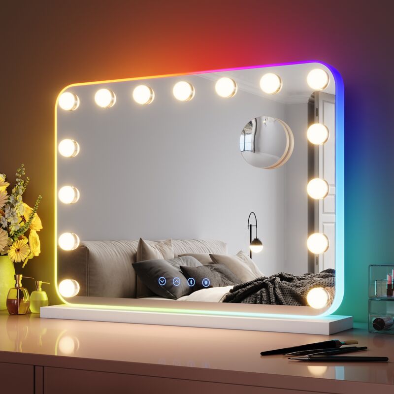 Sirhona - elegant Hollywood rgb Lights Vanity Mirror 58x43 cm with Bluetooth Speaker Makeup Mirror with 15 led Bulbs and 10X Magnifying Mirror