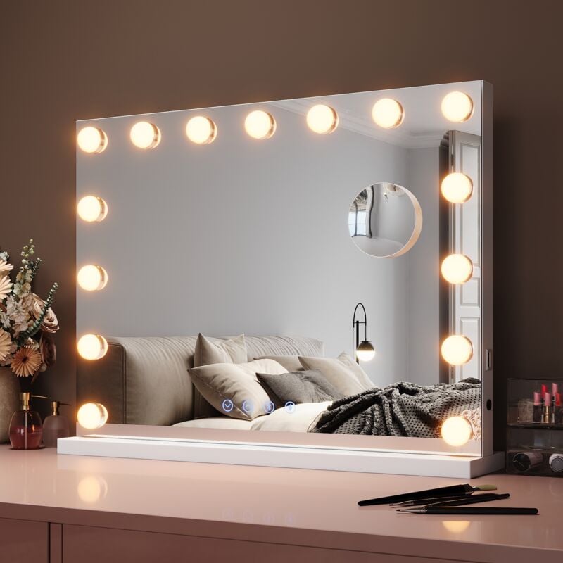 Sirhona - elegant Hollywood Vanity Mirror 58x43 cm with Music Speaker usb Charging Port Makeup Mirror with 15 led Bulbs and 10X Magnifying Glass