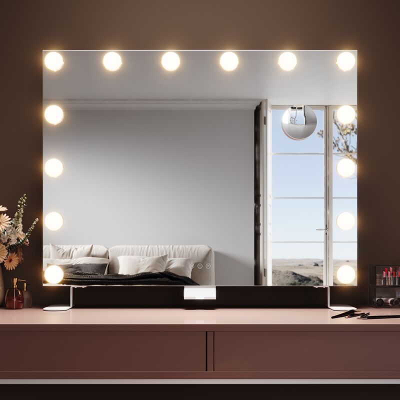 Sirhona - elegant Hollywood Vanity Mirror 80x60 cm with Lights 14 Dimmable Lightbulbs 3 Lighting Modes usb Charging Port Makeup Mirror with 10X