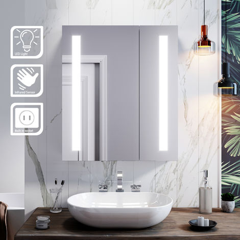 ELEGANT Illuminated Bathroom Mirror Cabinet with Light + Shaver Socket Wall Mounted LED Mirror with Shelf 600mm