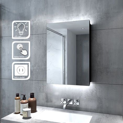 main image of "ELEGANT Illuminated Bathroom Mirror Cabinet with Lights and Shaver Socket Wall Mounted LED Bathroom Mirror with Shelf 500mm"