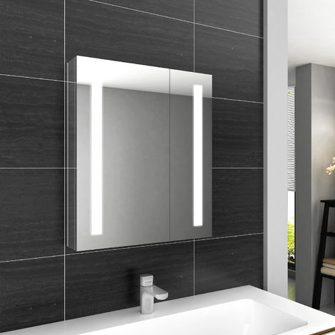 ELEGANT Illuminated Bathroom Mirror Cabinet with Lights and Shaver Socket Wall Mounted LED Bathroom Mirror with Shelf 600mm