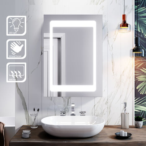 ELEGANT Illuminated LED Bathroom Mirror Cabinet with Adjustable Glass Shelf with Lights with Sensor Switch and Demister Pad Stainless Steel Wall Mounts Storage Units