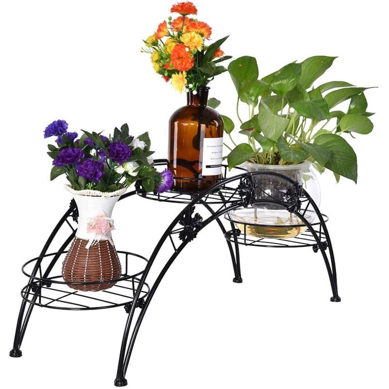 Elegant Iron Floor-Standing Plant Display Stand,Étagère pour plantes à 3 niveaux avec ornements,Flower Pot Rack for Garden Patio Decor - Black