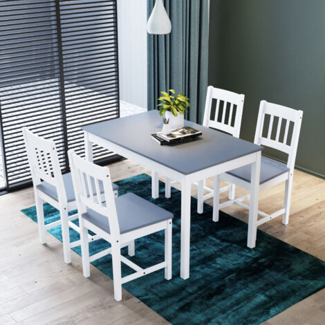 ELEGANT Kitchen Furniture Wooden Dinning Table and 4 Chairs Nature Solid Pine Wood 5 Pieces Rectangular Kitchen Living Room Set, Grey