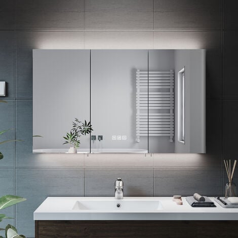 Elegant LED Bathroom Mirror Cabinet with Shaver Socket, 3 Lighting Modes, Dimmable LED Illuminated, Anti-Fog Multifunctional Wall Cabinet 1000x600x130mm