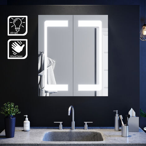 ELEGANT LED Mirror Cabinet with Lights Sensor Switch Stainless Steel Frame Modern Bathroom Wall Storage Mirror 600 x 700mm