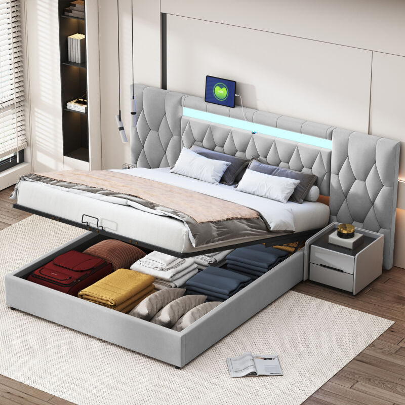 Lafomukea - Elégant lit rembourré 160x200 avec grand dossier, lit en velours avec prise led et usb, système de rangement hydraulique,lit Classic Grey