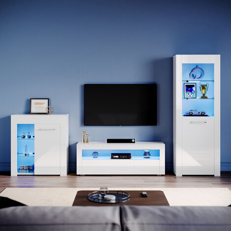 ELEGANT Living Room Furniture Set Modern High Gloss RGB LED Lights TV Stand 1200mm, Slow Close Hinge Display Cabinet, Tall Storage Cabinet with Glass Shelf