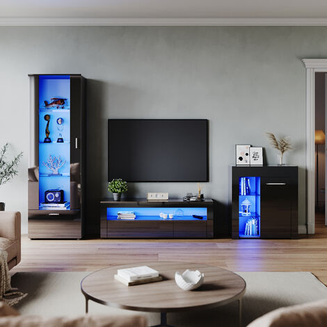 ELEGANT Living Room Set 1200mm TV Stand Display Cabinet Sideboard with RGB LED Lights Black Gloss Storage Unit Style 3
