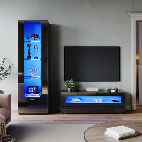 ELEGANT Living Room Set 1200mm TV Stand Display Cabinet Sideboard with RGB LED Lights Black Gloss Storage Unit Style 5