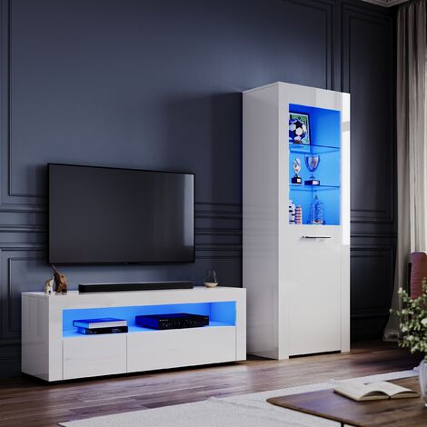 ELEGANT Living Room Set 1200mm TV Stand Display Cabinet Sideboard with RGB LED Lights White Gloss Storage Unit Style 2