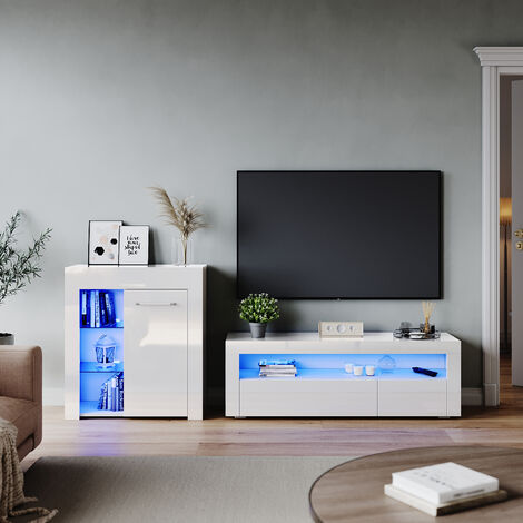 ELEGANT Modern High Gloss Living Room Set with RGB LED Lights Display ...