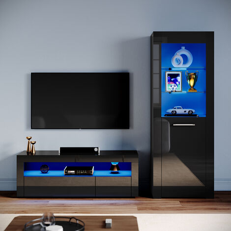 ELEGANT Living Room Set Modern High Gloss Fronts with LED Light, 1200mm TV Stand, Display Cabinet with Glass Shelf Bookcase, Black