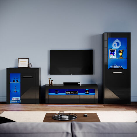 ELEGANT Living Room Set Modern High Gloss Fronts with LED Light, 1200mm TV Stand, Display Cabinet with Glass Shelf Bookcase Sideboard Cupboard, Black