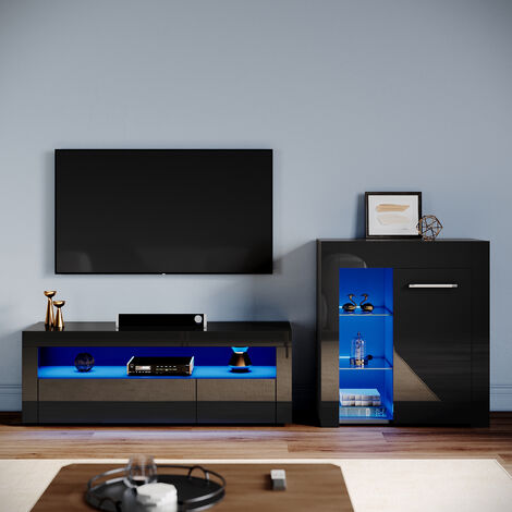 ELEGANT Living Room Set Modern High Gloss Fronts with LED Light, 1200mm TV Stand, Display Cabinet with Glass Shelf Sideboard Cupboard, Black
