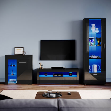 ELEGANT Living Room Set Modern High Gloss Fronts with LED Light, 1200mm TV Stand, Display Cabinet with Glass Shelf Tall Storage Cabinet Sideboard Cupboard, Black