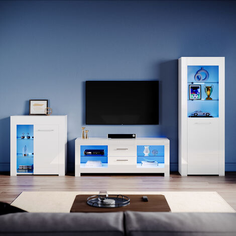 ELEGANT Living Room Set Modern High Gloss Fronts with LED Light, 1300mm TV Stand, Display Cabinet with Glass Shelf Bookcase Sideboard Cupboard, White