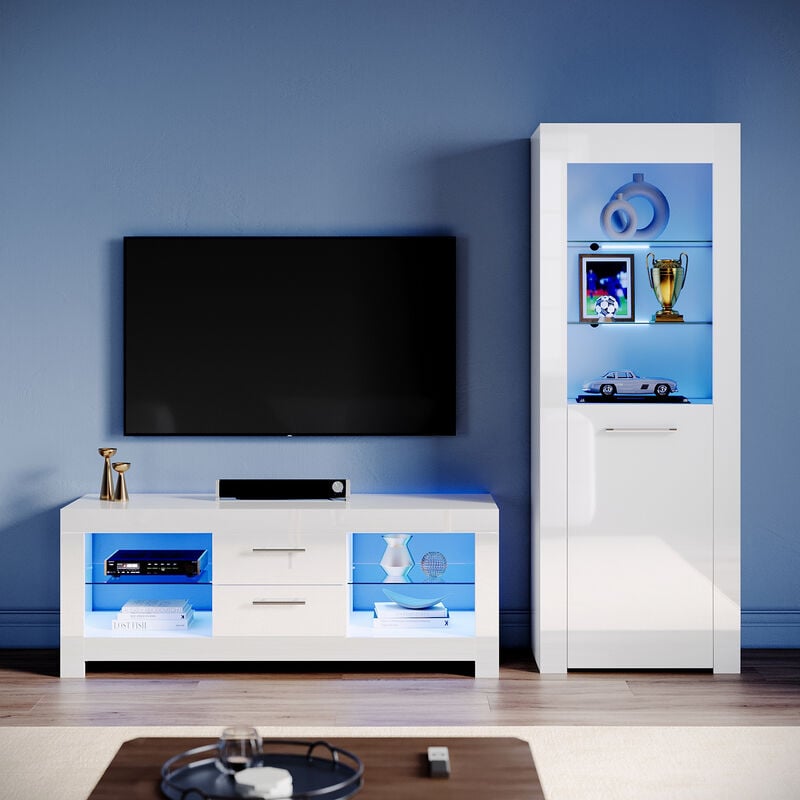 Living Room Set Modern High Gloss Fronts with led Light, 1300mm tv Stand, Display Cabinet with Glass Shelf Bookcase, White - Elegant