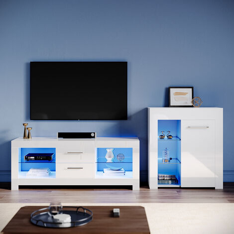 ELEGANT Living Room Set Modern High Gloss Fronts with LED Light, 1300mm TV Stand, Display Cabinet with Glass Shelf Sideboard Cupboard, White