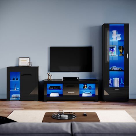 ELEGANT Living Room Set Modern High Gloss Fronts with LED Light, 1300mm TV Stand, Display Cabinet with Glass Shelf Tall Storage Cabinet Sideboard Cupboard, Black