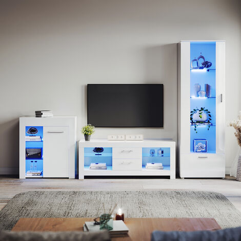 ELEGANT Living Room Set Modern High Gloss Fronts with LED Light, 1300mm TV Stand, Display Cabinet with Glass Shelf Tall Storage Cabinet Sideboard Cupboard, White