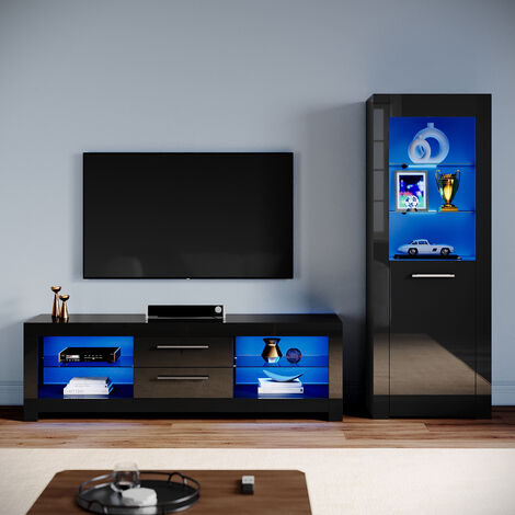 ELEGANT Living Room Set Modern High Gloss Fronts with LED Light, 1600mm TV Stand, Display Cabinet with Glass Shelf Bookcase, Black