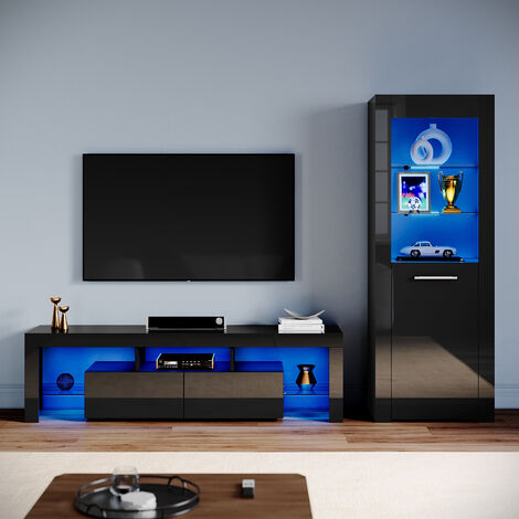 ELEGANT Living Room Set Modern High Gloss Fronts with LED Light, 1600mm TV Stand, Display Cabinet with Glass Shelf Bookcase, Black