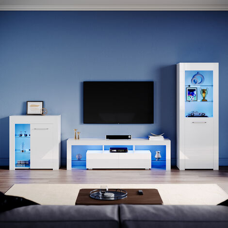 ELEGANT Living Room Set Modern High Gloss Fronts with LED Light, 1600mm TV Stand, Display Cabinet with Glass Shelf Bookcase Sideboard Cupboard, White