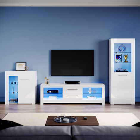 ELEGANT Living Room Set Modern High Gloss Fronts with LED Light, 1600mm TV Stand, Display Cabinet with Glass Shelf Bookcase Sideboard Cupboard, White