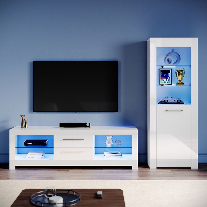 Living Room Set Modern High Gloss Fronts with led Light, 1600mm tv Stand, Display Cabinet with Glass Shelf Bookcase, White - Elegant