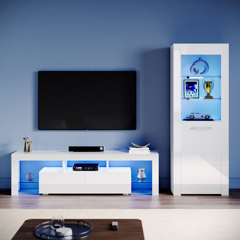 ELEGANT Living Room Set Modern High Gloss Fronts with LED Light, 1600mm TV Stand, Display Cabinet with Glass Shelf Bookcase, White