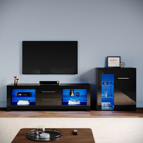 ELEGANT Living Room Set Modern High Gloss Fronts with LED Light, 1600mm TV Stand, Display Cabinet with Glass Shelf Sideboard Cupboard, Black