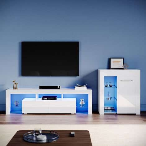 ELEGANT Living Room Set Modern High Gloss Fronts with LED Light, 1600mm TV Stand, Display Cabinet with Glass Shelf Sideboard Cupboard, White