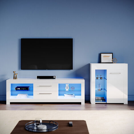 ELEGANT Living Room Set Modern High Gloss Fronts with LED Light, 1600mm TV Stand, Display Cabinet with Glass Shelf Sideboard Cupboard, White
