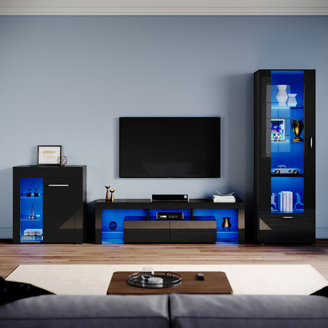 ELEGANT Living Room Set Modern High Gloss Fronts with LED Light, 1600mm TV Stand, Display Cabinet with Glass Shelf Tall Storage Cabinet Sideboard Cupboard, Black