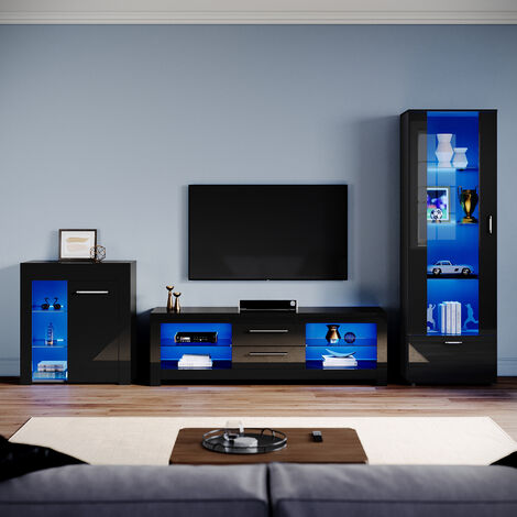 ELEGANT Living Room Set Modern High Gloss Fronts with LED Light, 1600mm TV Stand, Display Cabinet with Glass Shelf Tall Storage Cabinet Sideboard Cupboard, Black