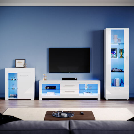 ELEGANT Living Room Set Modern High Gloss Fronts with LED Light, 1600mm TV Stand, Display Cabinet with Glass Shelf Tall Storage Cabinet Sideboard Cupboard, White