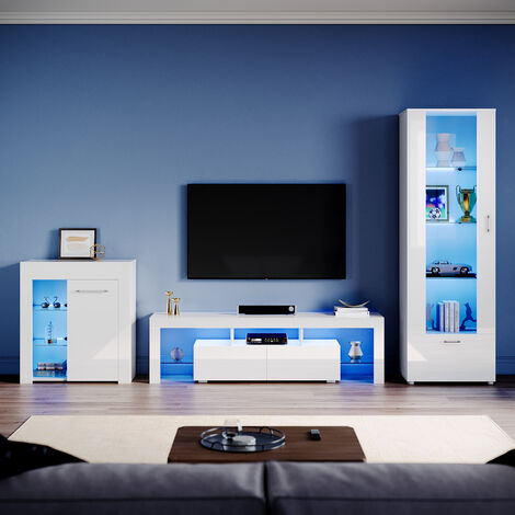 ELEGANT Living Room Set Modern High Gloss Fronts with LED Light, 1600mm TV Stand, Display Cabinet with Glass Shelf Tall Storage Cabinet Sideboard Cupboard, White