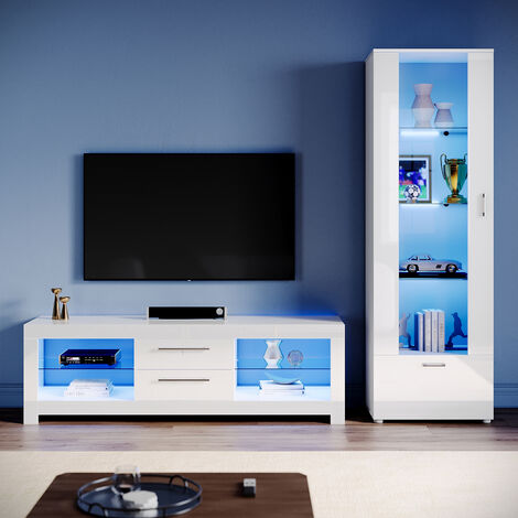 ELEGANT Living Room Set Modern High Gloss Fronts with LED Light, 1600mm TV Stand, Display Cabinet with Glass Shelf Tall Storage Cabinet, White