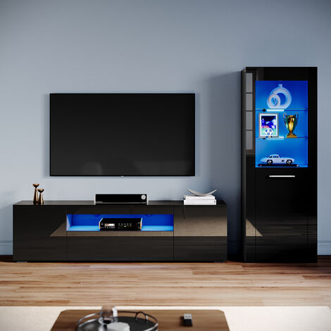 ELEGANT Living Room Set Modern High Gloss Fronts with LED Light, 1800mm TV Stand, Display Cabinet with Glass Shelf Bookcase, Black