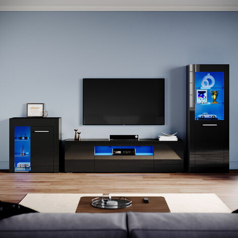 ELEGANT Living Room Set Modern High Gloss Fronts with LED Light, 1800mm TV Stand, Display Cabinet with Glass Shelf Bookcase Sideboard Cupboard, Black