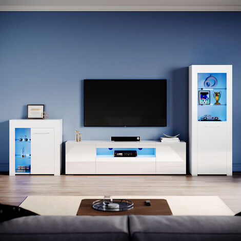 ELEGANT Living Room Set Modern High Gloss Fronts with LED Light, 1800mm TV Stand, Display Cabinet with Glass Shelf Bookcase Sideboard Cupboard, White
