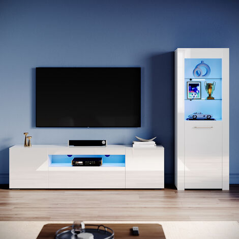 ELEGANT Living Room Set Modern High Gloss Fronts with LED Light, 1800mm TV Stand, Display Cabinet with Glass Shelf Bookcase, White