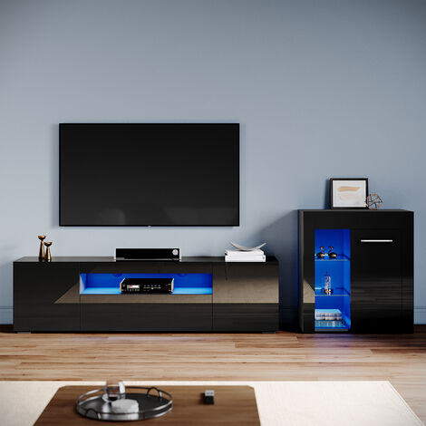 ELEGANT Living Room Set Modern High Gloss Fronts with LED Light, 1800mm TV Stand, Display Cabinet with Glass Shelf Sideboard Cupboard, Black