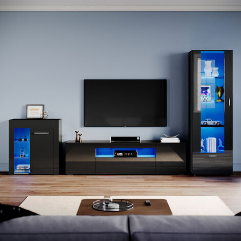 ELEGANT Living Room Set Modern High Gloss Fronts with LED Light, 1800mm TV Stand, Display Cabinet with Glass Shelf Tall Storage Cabinet Sideboard Cupboard, Black