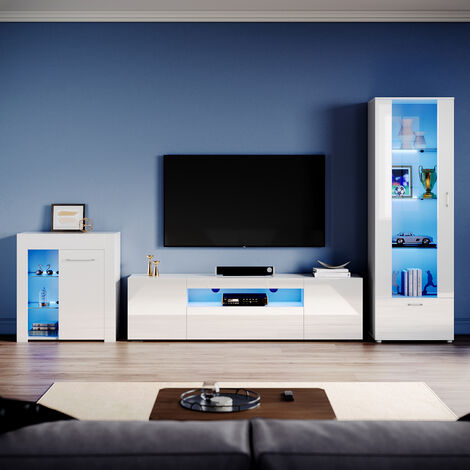ELEGANT Living Room Set Modern High Gloss Fronts with LED Light, 1800mm TV Stand, Display Cabinet with Glass Shelf Tall Storage Cabinet Sideboard Cupboard, White