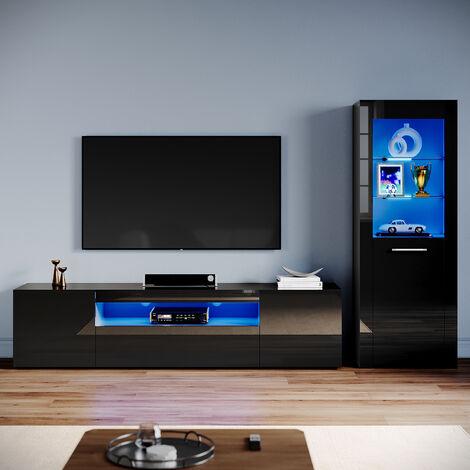 ELEGANT Living Room Set Modern High Gloss Fronts with LED Light, 2000mm TV Stand, Display Cabinet with Glass Shelf Bookcase, Black