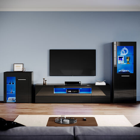ELEGANT Living Room Set Modern High Gloss Fronts with LED Light, 2000mm TV Stand, Display Cabinet with Glass Shelf Bookcase Sideboard Cupboard, Black