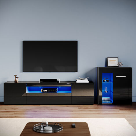 ELEGANT Living Room Set Modern High Gloss Fronts with LED Light, 2000mm TV Stand, Display Cabinet with Glass Shelf Sideboard Cupboard, Black